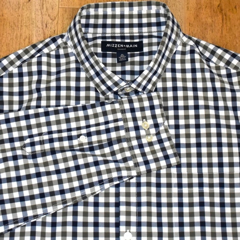 Mizzen+Main Leeward Shirt Mens XL Navy Green Gingham Excellent Trim No Tuck LS